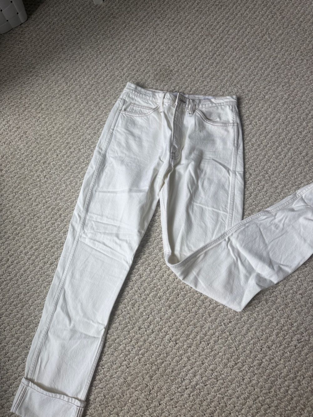 Frame Denim Cream Jeans with Brown Contrast Stitching